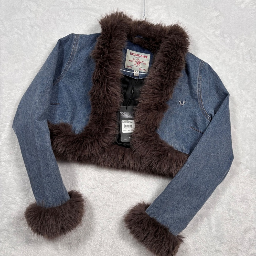 NEW True Religion Cropped Fur Trim Denim Bolero Jacket Women L Med Wash Y2K $179